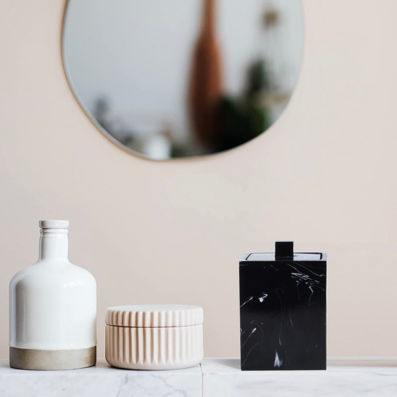 Jung Ford Qtip Holder for Bathroom with Lid â€“ Square Cotton Swab Organizer, Cotton Ball Dispenser, Makeup Pad Container â€“ Marble Look Resin Vanity Storage (Black) - Image 2